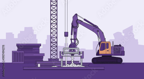 Construction Site Illustration Showcasing Purple Machinery Working on Urban Infrastructure Project