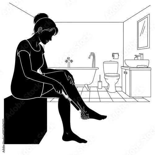 Woman shaving her leg in a minimalist bathroom setting