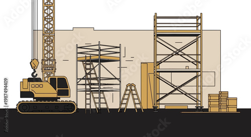Construction Site Illustration Showcasing Equipment and Building Elements in Vector Style