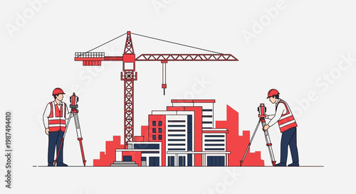 Construction Site Illustration Showcasing Engineers Surveying and the Development Project in
