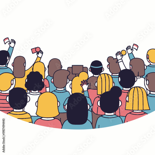 Diverse crowd cheering, raising hands with flags and tickets, illustration, event concept