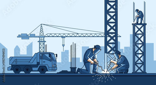 Construction Site Illustration Showcasing Welding, Cranes, and City Building Processes