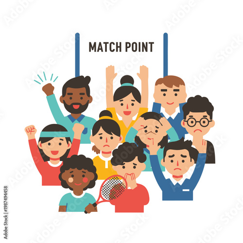Diverse crowd watching match point, emotions of excitement, tension, and despair