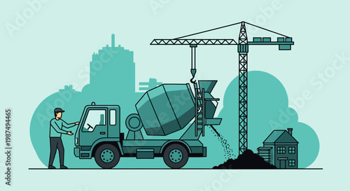 Construction Site Illustration Showing Concrete Mixer Truck And Crane Building Houses and Buildings