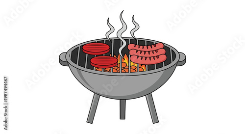 Illustration of a charcoal grill with burgers and sausages cooking over flames