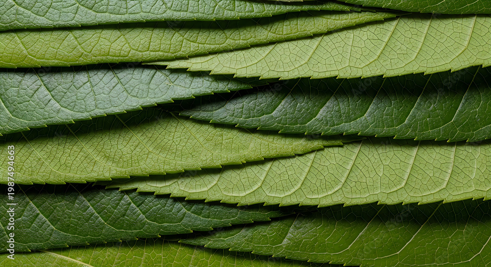 Fototapeta premium A stack of green leaves with serrated edges and visible veins on each leaf