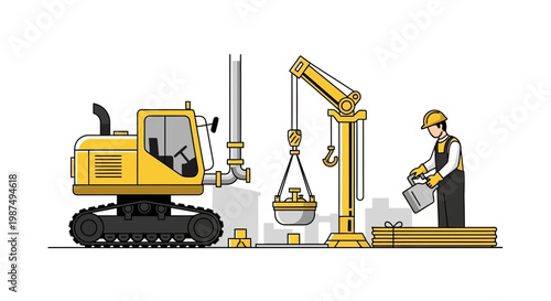 Construction Site Illustration Showcasing Heavy Machinery and On-Site Construction Activities