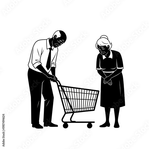 Elderly couple with a shopping cart appear somber and concerned