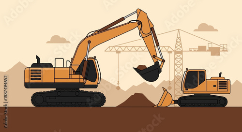 Construction Vehicles At Work, Modern Digging and Building in a Simplified Depiction