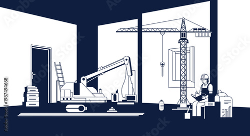 Construction Site: Minimalist Illustration Depicting Building's Internal And External Development