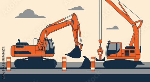 Construction Vehicles Depicted Working on an Open-Air Project for Commercial Purposes