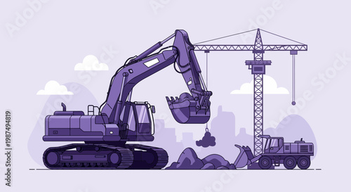Construction Site Illustration Showcasing Heavy Machinery with Cranes and Earthmoving Activities