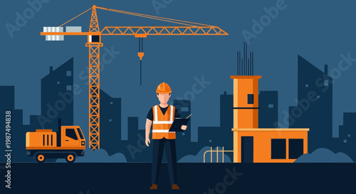 Construction Site Supervisor Inspecting a Building Project With Cityscape Background