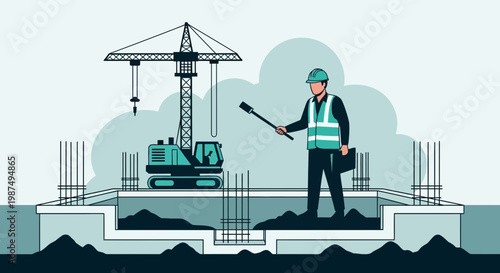 Construction Site Supervisor Inspecting A Project With Heavy Machinery Active On The Site