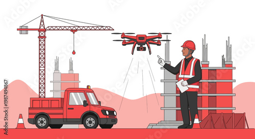 Construction Site Supervisor Inspecting Site Using Drone Technology For Project Oversight