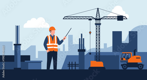 Construction Site Supervisor Explaining Project with Crane Machinery and Building Plans