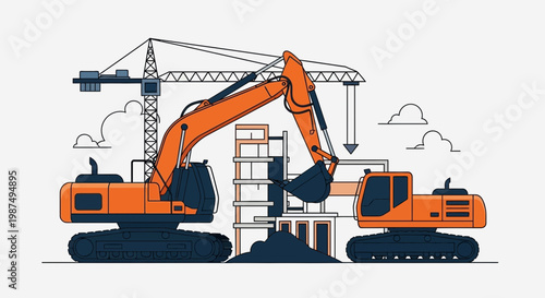 Construction Site Illustration Showcasing Machines, Builders, and Building Elements in Action