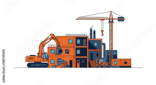 Construction Site Illustration Showcasing Modern Building and Infrastructure Development