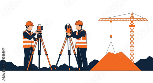 Construction Site Surveying Process Depicted With Equipment And Workers Working on Project