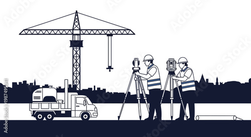 Construction Site Surveyors Working With Modern Tools And Techniques At Dusk Silhouette