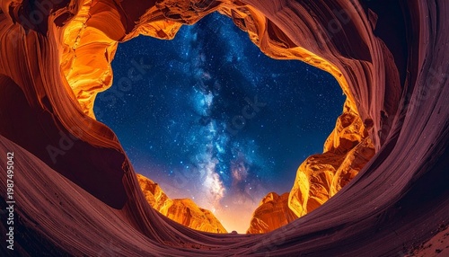 Milky Way galaxy framed in glowing orange slot canyon at night