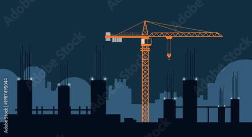 Construction Site Under Dark Blue Sky Showing Crane And Building Frameworks Outline
