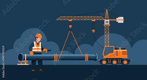 Construction Worker Inspecting Pipe Being Lifted by Crane on a Project Site