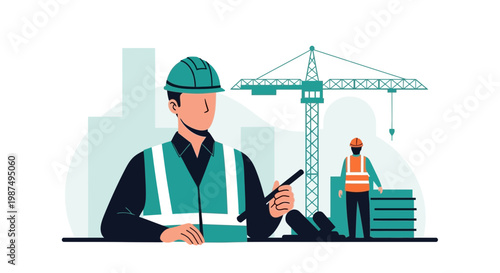 Construction Worker Inspecting Plans Near Crane and Other Employees on the Site