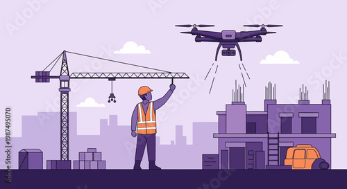 Construction Worker Inspecting A Building Site Using A Drone For Inspection Purpose Vector