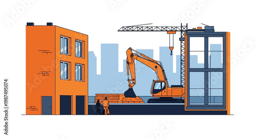 Construction Site Illustration Showcasing Modern Building Development With Machinery Graphics
