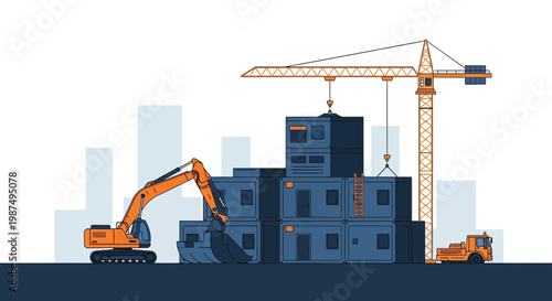 Construction Site Illustration Showcasing Modern Building Procedures and Engineering Innovation