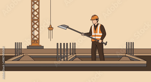 Construction Worker Holding Shovel on Site With Crane and Building Foundation