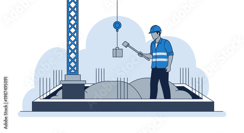 Construction Worker Inspecting Foundation, Crane and Infrastructure in Progress, Construction Site