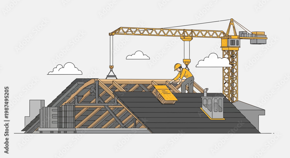 Naklejka premium Construction Worker Installing Roof with a Crane on a New Building Design Concept