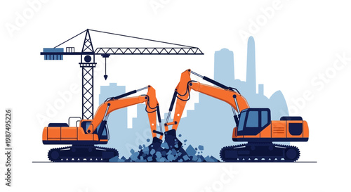 Construction Site Illustration Showcasing Modern Machinery and City Building in the Background