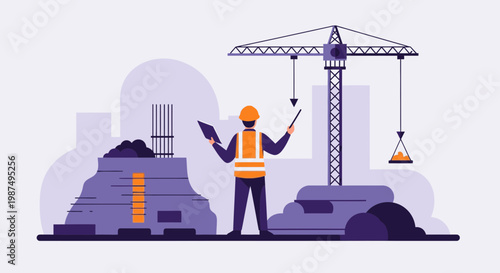 Construction Supervisor Overseeing Building Work, Standing in Front of a Crane Illustration