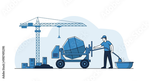 Construction Worker Mixing Cement with a Concrete Mixer in Minimal Vector Style Design