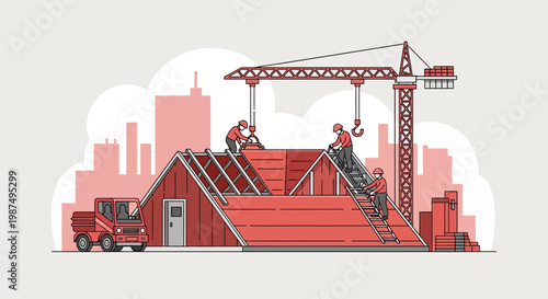 Construction Team Working on New Building Roof Under the Assistance of a Crane Process