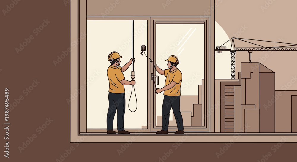 Fototapeta premium Construction Workers Checking And Working On Installation Of Elements Near Buildings