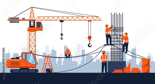 Construction Workers At Work On A High Rise Building, Silhouette City Background