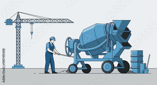Construction Worker Operates A Cement Mixer With Crane Constructing A Structure