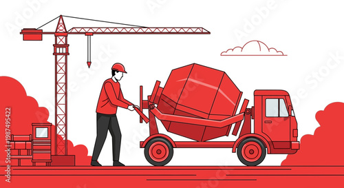 Construction Worker Operates a Concrete Mixer Truck Alongside a Tower Crane in a Red Minimalist