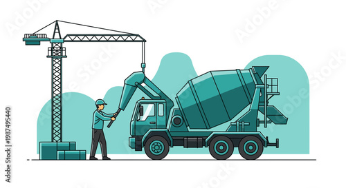 Construction Worker Operates Cement Mixer Truck And Crane In Active Building Site