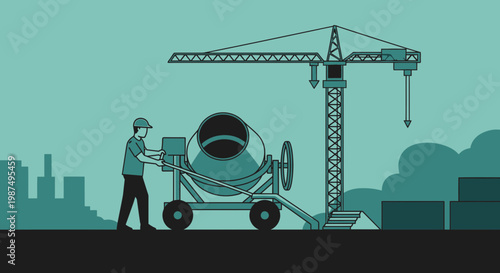 Construction Worker Operates Concrete Mixer Near a Crane on a Clear Day in Illustration