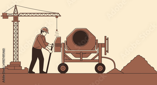Construction Worker Operates Cement Mixer with Crane and Pile of Dirt For Building Project