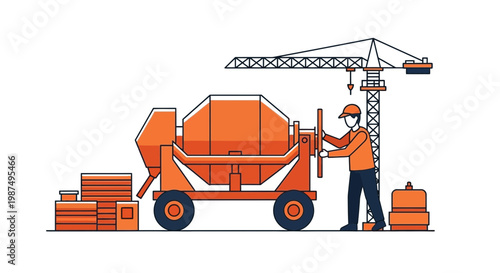Construction Worker Operates Concrete Mixer Near a Crane on a Construction Site Illustration
