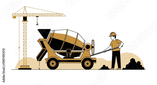 Construction Worker Operates Cement Mixer with Crane Vector Illustration Design