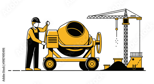 Construction Worker Operates Concrete Mixer Near A Tower Crane In A Simple Yellow And Black Style