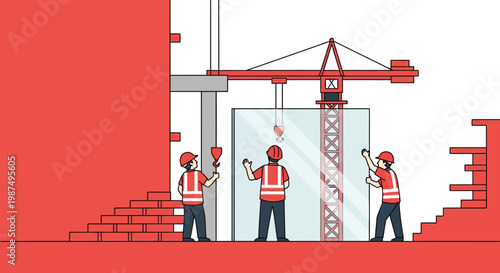 Construction Workers Collaborating To Construct A Modern Structure With Crane And Building Materials