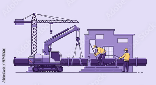 Construction Workers Collaborating to Install Pipelines for Industrial Infrastructure Project